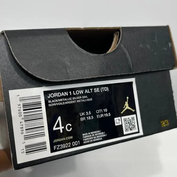 Jordan 1 Low ALT SE (TD) Black, Metallic Silver-Sail/Size-4 C / FZ3922 001 - Picture 8 of 13